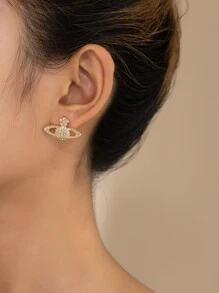 1 对不对称珐琅和珍珠不对称花朵耳钉，闪亮银色星星装饰优雅耳环，适合女士 - 銀色 - 查看 13