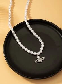 1pc Rhinestone Planet Charm Faux Pearl Decor Pendant Necklace - White - View 3