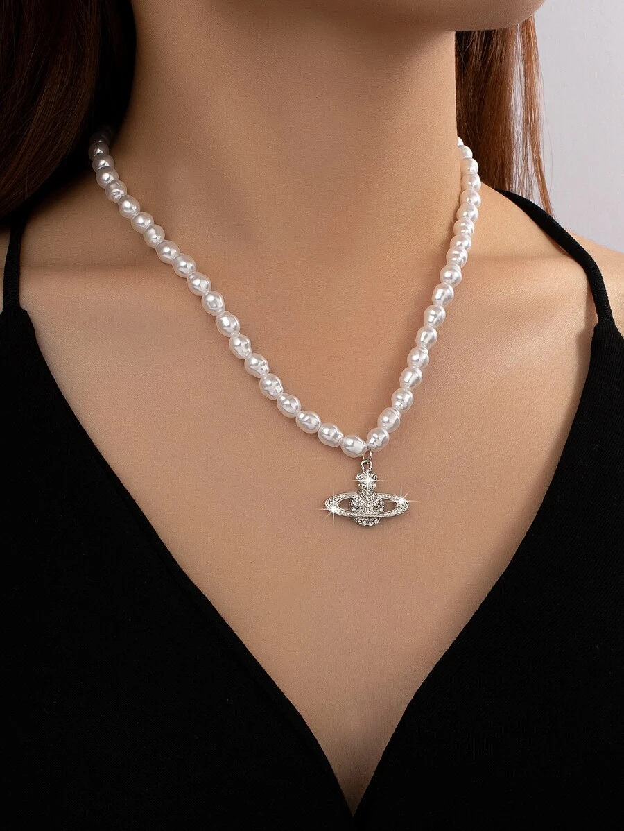 1pc Rhinestone Planet Charm Faux Pearl Decor Pendant Necklace - White - View 1
