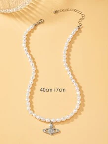 1pc Rhinestone Planet Charm Faux Pearl Decor Pendant Necklace - White - View 4