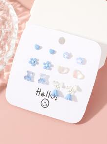 12 Chiếc Hoa Màu Xanh Bông Tai Gấu Bông Hình Trái Tim Thiết Kế Nữ Tối Giản & Tinh Tế Tai Bộ Trang Sức Quà Tặng - Nhiều màu - Xem 1