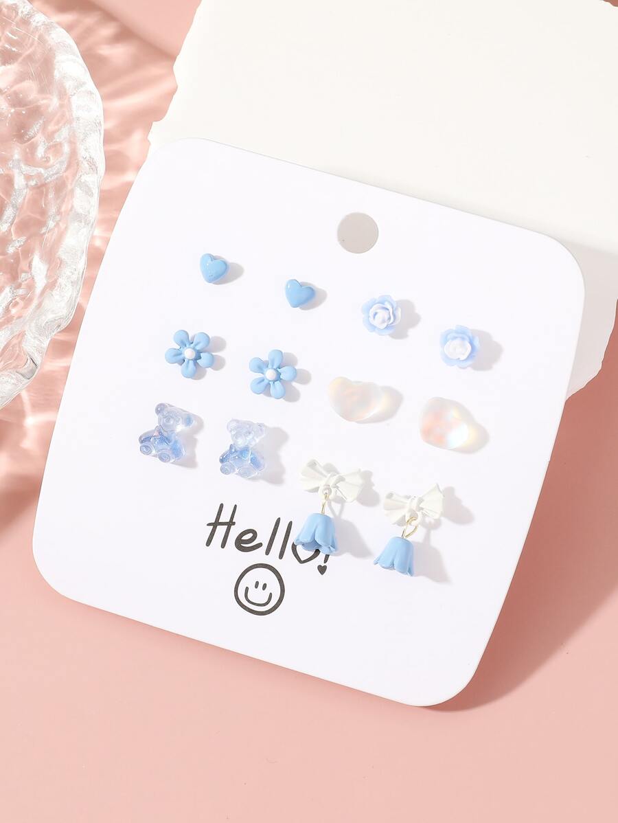 12 Chiếc Hoa Màu Xanh Bông Tai Gấu Bông Hình Trái Tim Thiết Kế Nữ Tối Giản & Tinh Tế Tai Bộ Trang Sức Quà Tặng - Nhiều màu - Xem 1