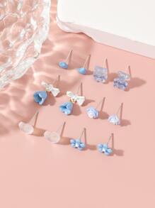 12 Chiếc Hoa Màu Xanh Bông Tai Gấu Bông Hình Trái Tim Thiết Kế Nữ Tối Giản & Tinh Tế Tai Bộ Trang Sức Quà Tặng - Nhiều màu - Xem 2