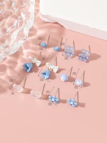 12 Chiếc Hoa Màu Xanh Bông Tai Gấu Bông Hình Trái Tim Thiết Kế Nữ Tối Giản & Tinh Tế Tai Bộ Trang Sức Quà Tặng - Nhiều màu - Xem 4