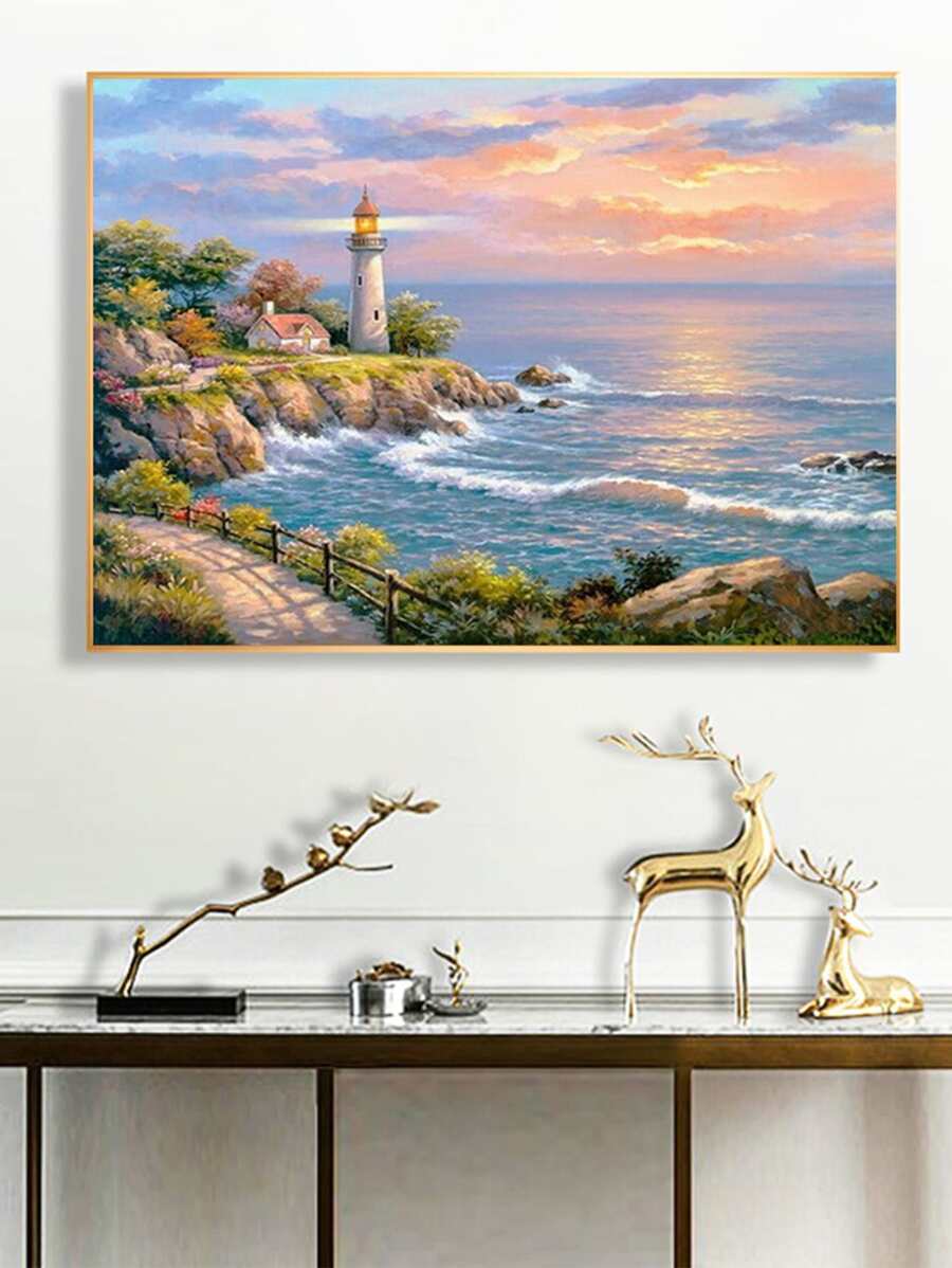 1套燈塔在海濱DIY鑽石畫(無框)風景藝術家庭裝飾禮品