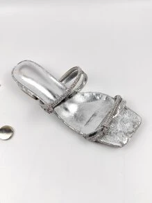 Fashion Rhinestone Embellished Hollow Out Flat Heel Beach Sandals For Women, Plus Size - Silver - View 1