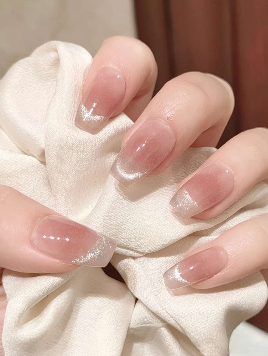 Elevate Your Style With 24pcs Sweet Pink Cat Eye Press On Nails, French Tip Short Coffin Full Cover Fake Nail Kit Nail Supplies