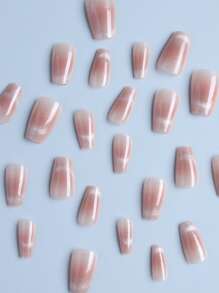 Elevate Your Style With 24pcs Sweet Pink Cat Eye Press On Nails, French Tip Short Coffin Full Cover Fake Nail Kit Nail Supplies