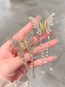 1 件甜美珍珠和水钻蝴蝶装饰发夹，韩式/日式风格，随机流苏长度，日常使用发夹