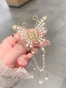 1 件甜美珍珠和水钻蝴蝶装饰发夹，韩式/日式风格，随机流苏长度，日常使用发夹
