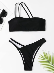 Bañador bikini con abertura de un hombro - Negro - Ver 2