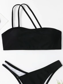 Bañador bikini con abertura de un hombro - Negro - Ver 4