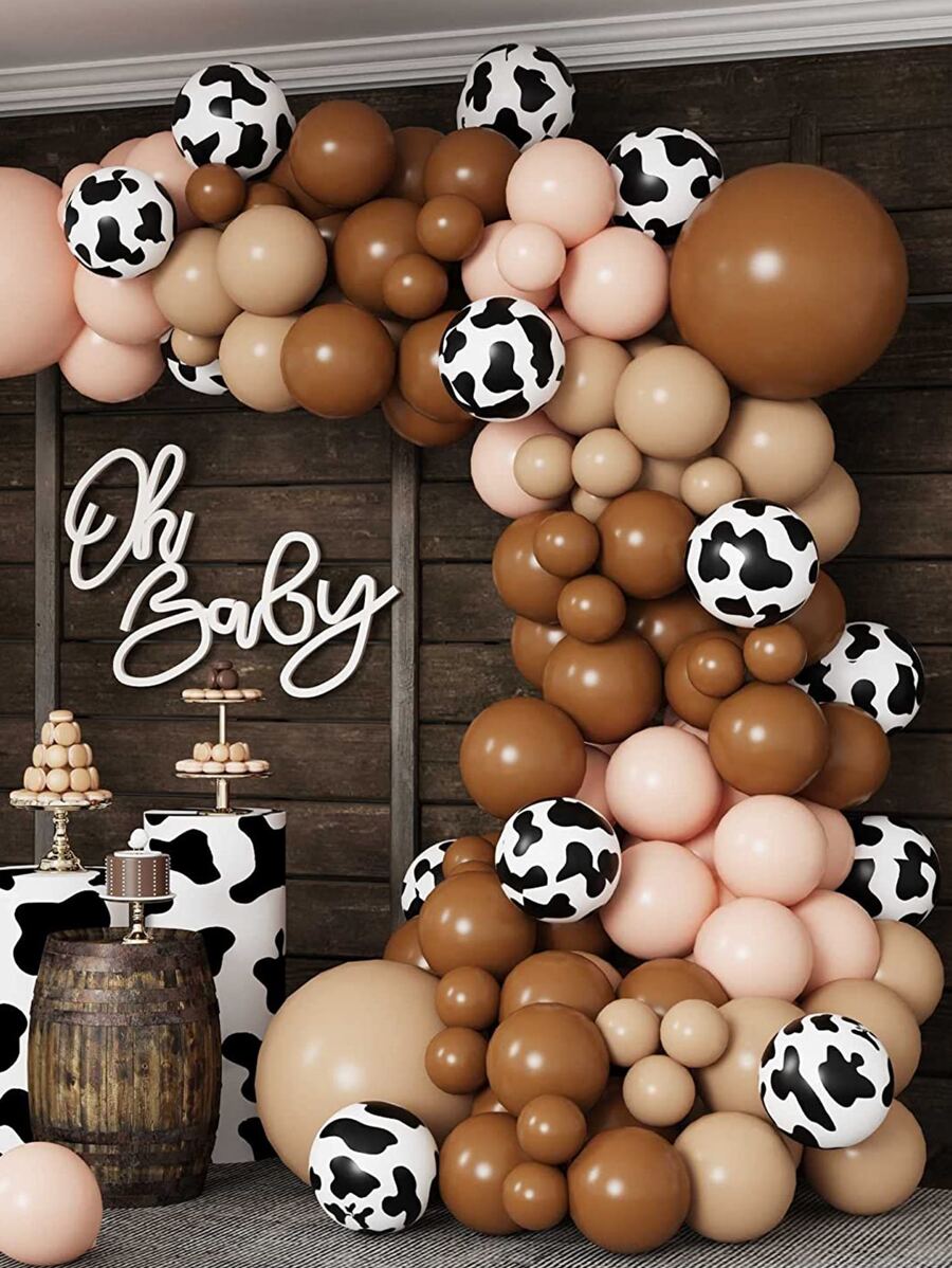 79 piezas Kit vaca vaquero occidental cowgirl granja tema de cumpleaños de fiesta de ducha de bebé decoraciones con estampado de vaca neutral marrón guirnalda de globos de arco - Multicolor - Ver 1
