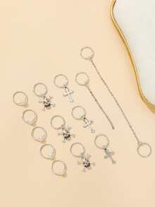 13入組交叉和骷髏和人造珍珠朋克風格頭繩 - 銀色 - 查看 3