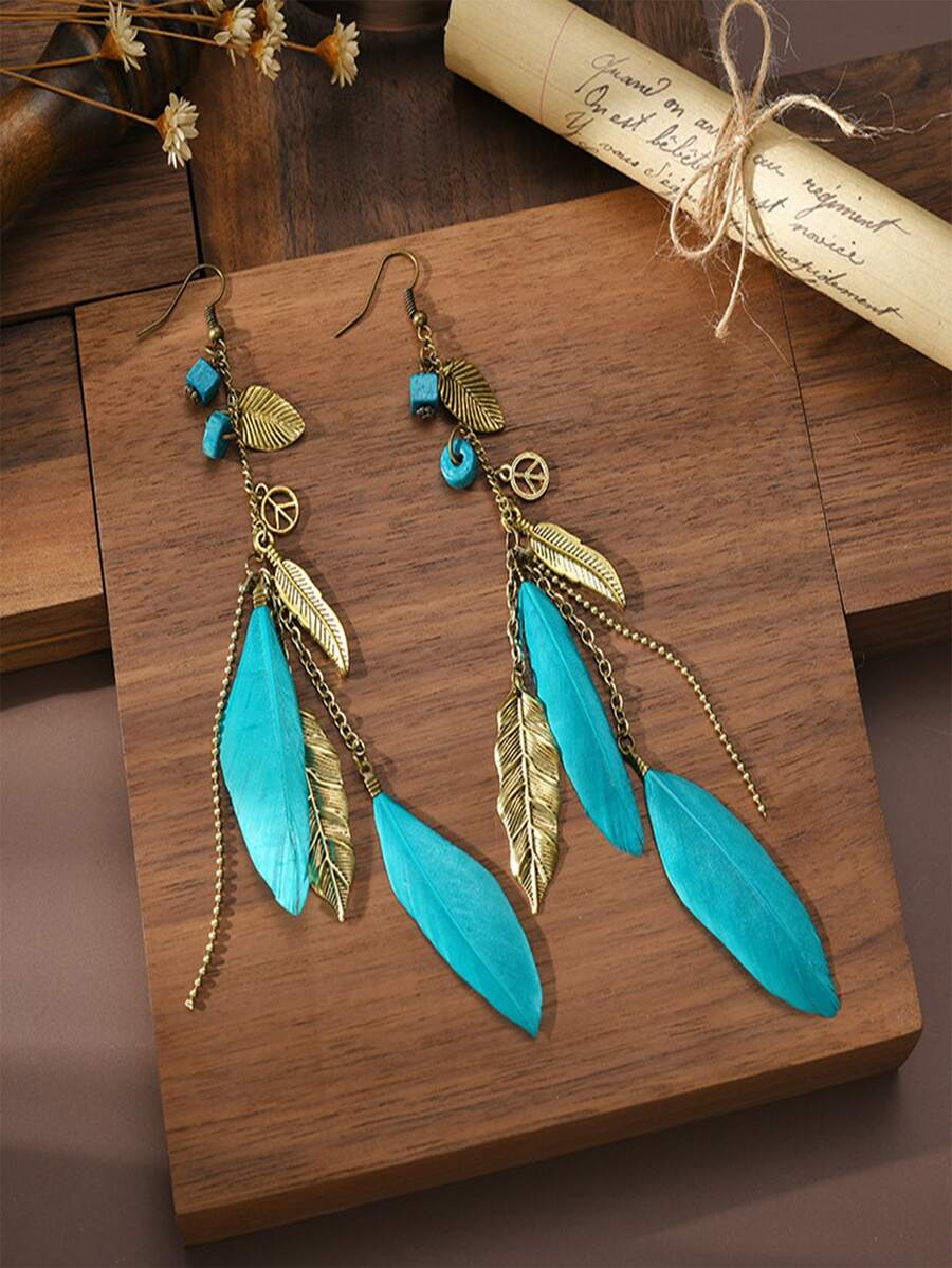 Blue Feather Dangle Earrings - Blue - View 1