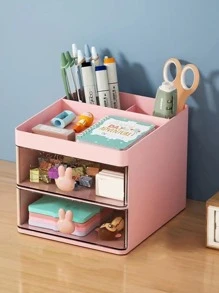 1 pieza Organizador de escritorio dibujos animados creativos con diseño de conejo transparente con cajón - Rosa - Ver 1