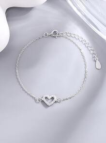 1入組時髦S925純銀心形鑲嵌手環適合女士,合適適用於日常穿著或者作為A禮品
