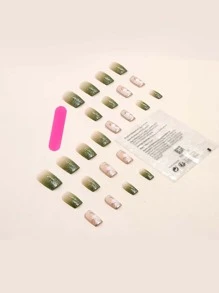 24pcs Romantic Gradient Sparkle & Floral Pattern Nail Tips + 1pc Nail File + 1pc Jelly Gel Press On Nails Nail Supplies - Green - View 2