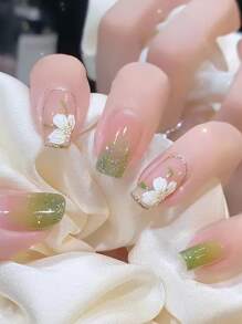 24pcs Romantic Gradient Sparkle & Floral Pattern Nail Tips + 1pc Nail File + 1pc Jelly Gel Press On Nails Nail Supplies - Green - View 1