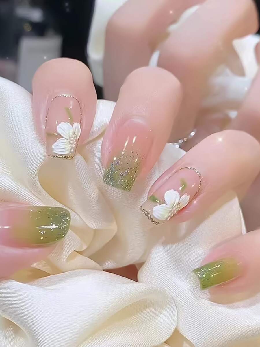 24pcs Romantic Gradient Sparkle & Floral Pattern Nail Tips + 1pc Nail File + 1pc Jelly Gel Press On Nails Nail Supplies - Green - View 1