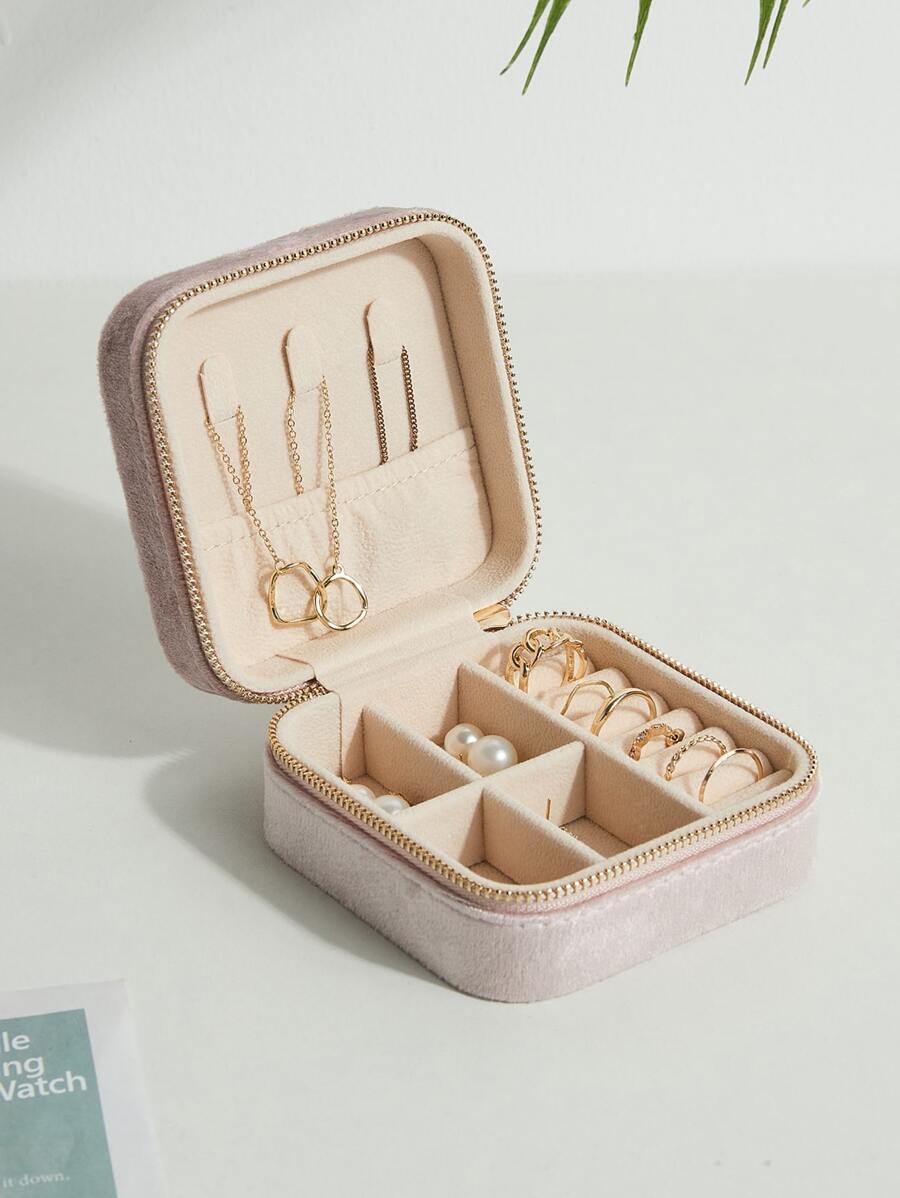 1pc Portable Jewelry Storage Box In Velvet Material - Pink - View 1