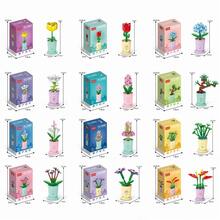 1set 60pcs Flower-shaped Building Blocks For Potting Simulation Flower Bouquets Mini Particle Puzzle Toy Home Decor - Blue - View 4