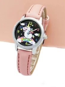 迷人孩子兒童獨角獸和彩虹印花PU皮革帶可愛圓形錶盤石英表日常裝飾 - 粉色 - 查看 2