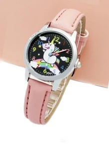 迷人孩子兒童獨角獸和彩虹印花PU皮革帶可愛圓形錶盤石英表日常裝飾 - 粉色 - 查看 4