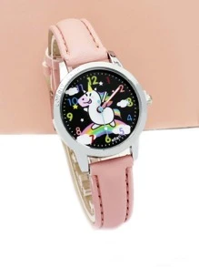 迷人孩子兒童獨角獸和彩虹印花PU皮革帶可愛圓形錶盤石英表日常裝飾 - 粉色 - 查看 3
