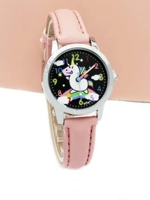 迷人孩子兒童獨角獸和彩虹印花PU皮革帶可愛圓形錶盤石英表日常裝飾 - 粉色 - 查看 1