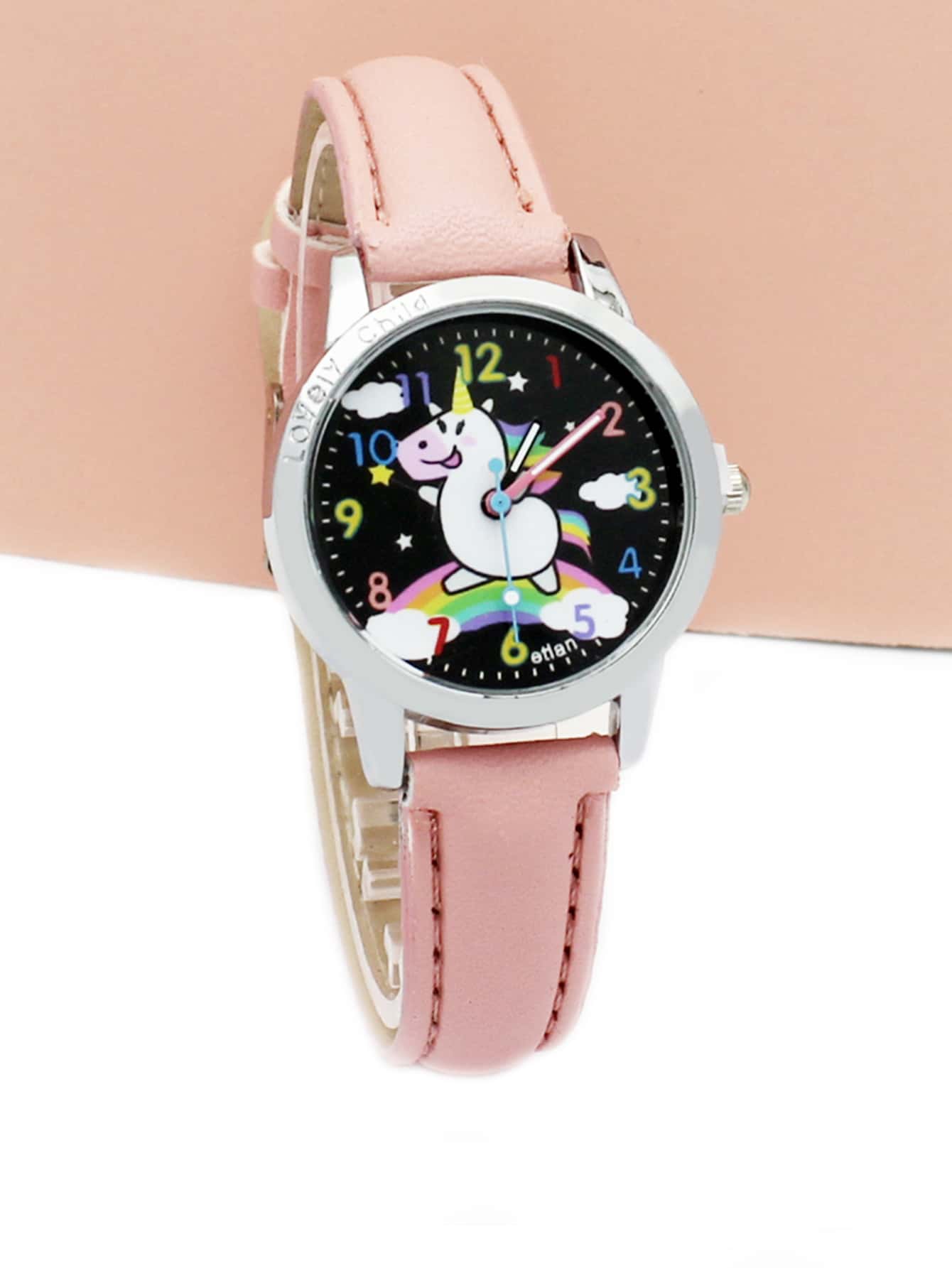迷人孩子兒童獨角獸和彩虹印花PU皮革帶可愛圓形錶盤石英表日常裝飾 - 粉色 - 查看 1