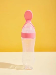 90ml/3oz Pink Silicone Squeeze Feeding Bottle With Spoon And Suction Base, Baby Spoon Feeder, Milk Powder Dispenser - Pink - View 2