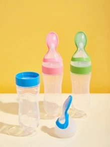 90ml/3oz Pink Silicone Squeeze Feeding Bottle With Spoon And Suction Base, Baby Spoon Feeder, Milk Powder Dispenser - Pink - View 6