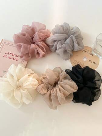 5pcs Extra Large Organza Bowknot And Mesh Bun Rings Elegant Hair Ties Ponytail Holders Hair Elastics Hair Rubber Bands Scrunchies Hair Rope Elastic Hair Tie