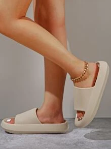 女士厚底拖鞋，具有挤压感，适合室内家居浴室淋浴和户外使用 - 米色 - 查看 1