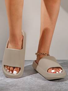 女士厚底拖鞋，具有挤压感，适合室内家居浴室淋浴和户外使用 - 米色 - 查看 2