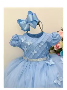 Vestido Borboleta azul jardim encantado festa das borboletas aniversario infantil - Azul - Visão 2