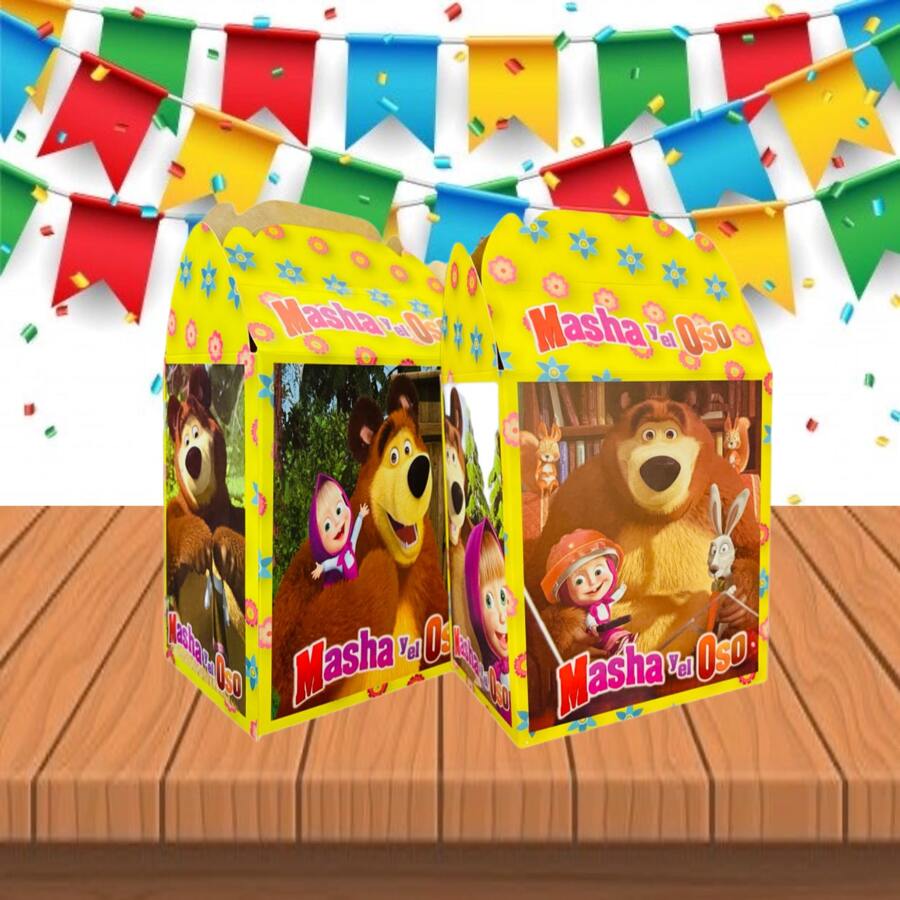 20 Dulceros de Masha y el Oso Personajes Cumpleaños Fiesta Aguinaldo Bolo Caja Cartón Dulceras - Negro - Ver 1