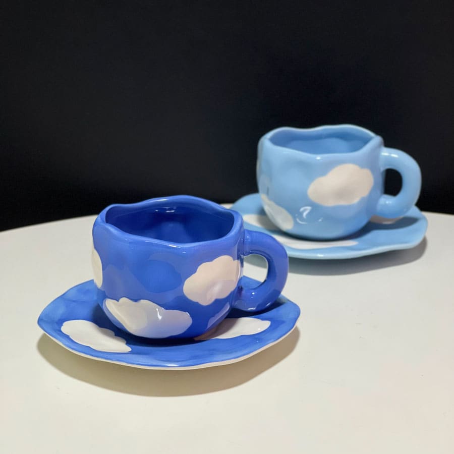 Mini Tươi Vẽ bằng tay Sky Và Thiết kế đám mây Gốm sứ Tách cà phê Bộ Với Đĩa - Nhiều màu - Xem 1