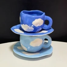 Mini Tươi Vẽ bằng tay Sky Và Thiết kế đám mây Gốm sứ Tách cà phê Bộ Với Đĩa - Nhiều màu - Xem 2