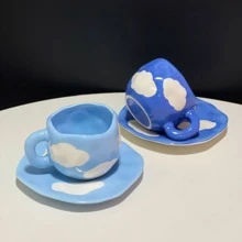 Mini Tươi Vẽ bằng tay Sky Và Thiết kế đám mây Gốm sứ Tách cà phê Bộ Với Đĩa - Nhiều màu - Xem 3