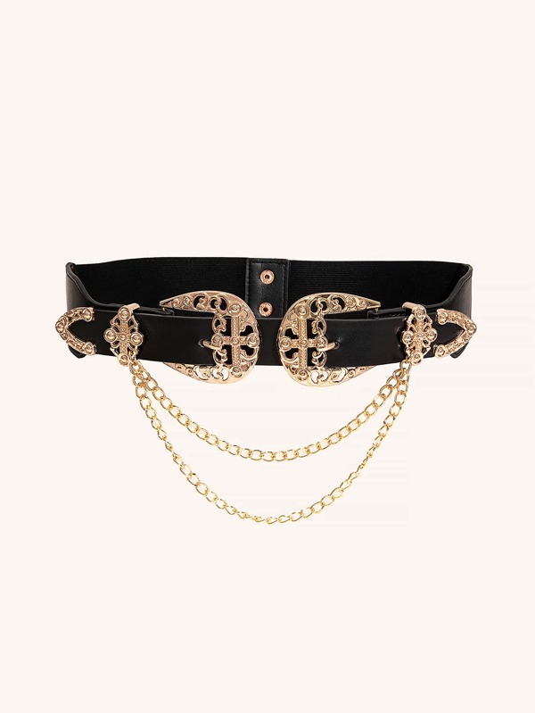 1 pieza Cinturón elástico para mujer con doble hebilla, efecto hueco y detalle de cadena en el estilo vaquero, para vestidos, Halloween, verano, escuela