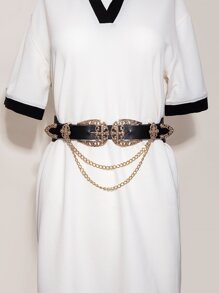 ROMWE Grunge Punk Street 1pc Cowgirl Double Buckle Hollow Out Chain Detail Elastic Waist Belt For Women Dress Belt Halloween Summer, School Fall, Autumn, Halloween - Black - View 3