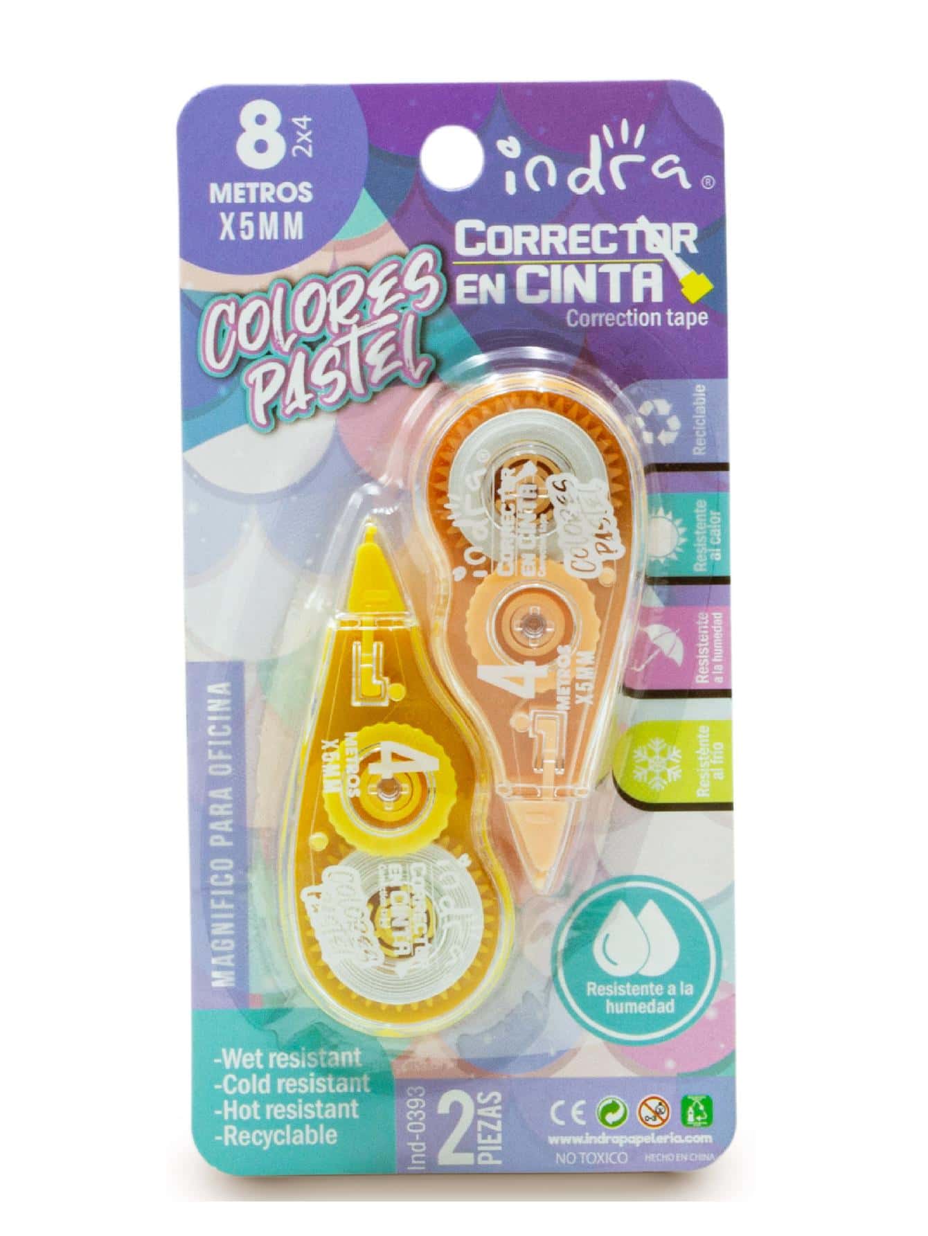 INDRA IND-0393 Corrector en cinta, colores pastel surtido, empaque blíster de 2 unidades, 2 colores por blíster. Artículos escolares, temporada de regreso a clases - Multicolor - Ver 1