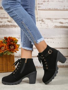 Giày bốt ngắn Chelsea dành cho nữ có gót và khóa thắt lưng Chunky, Giày bốt da Pu thông thường dành cho sinh viên kiểu cổ điển cho mùa thu/đông - màu đen - Xem 1