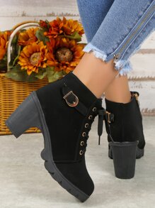 Giày bốt ngắn Chelsea dành cho nữ có gót và khóa thắt lưng Chunky, Giày bốt da Pu thông thường dành cho sinh viên kiểu cổ điển cho mùa thu/đông - màu đen - Xem 4