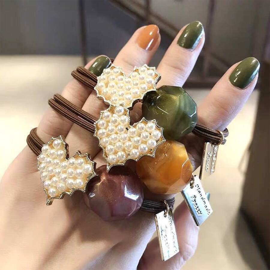 3件套人造珍珠心形髮帶和彈力髮帶裝飾珠子，適合女士馬尾辮和辮子，森女孩風格髮飾 - 彩色 - 查看 1