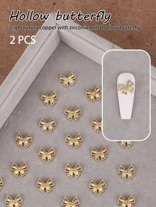 2 Miếng Rỗng Ba chiều Móng tay Loại bướm Kim loại Ánh sáng sang trọng Phong cách Khối Zirconia  Móng tay Đồ trang trí - Vàng - Xem 1
