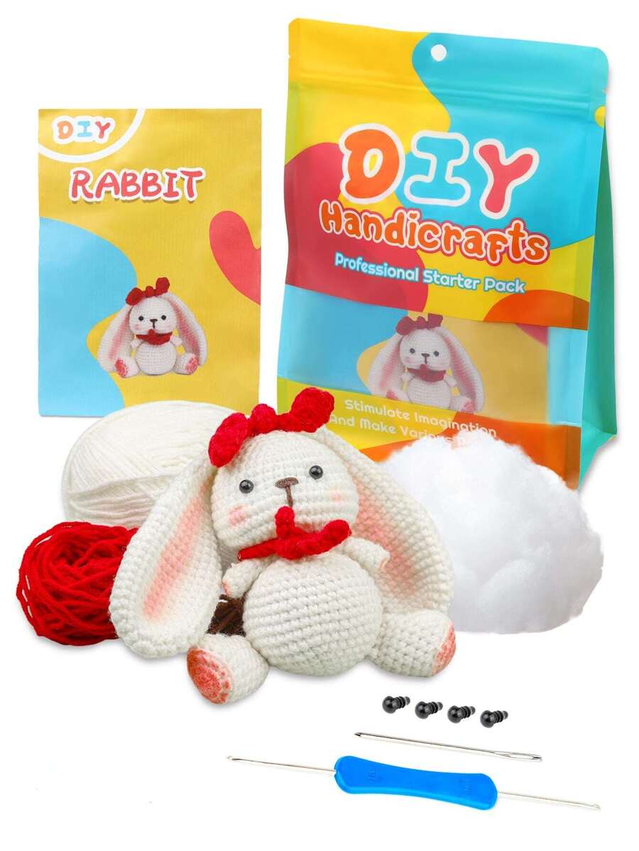 1set Polyester Knitting Kit, Cute Cartoon Rabbit Design Knitting Material Kit For Home