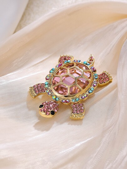 1pc Adorable Rhinestone Crystal Turtle Brooch Pin, Luxury Ocean Animal Suit Accessory, Alloy & Cubic Zirconia, Suitable For Party And Gift